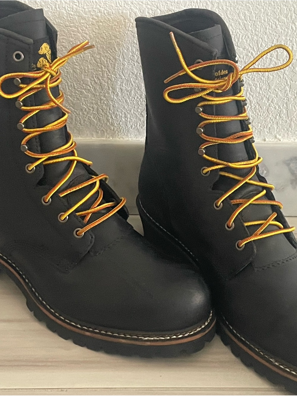 Golden Retriever Black Leather Logger Work Boots Steel Toe Waterproof Size 14 M
